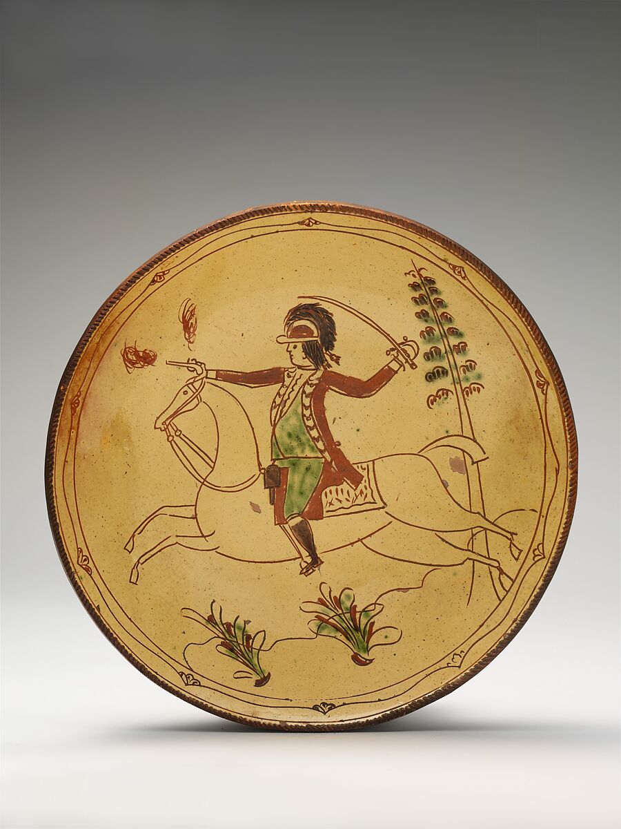 Plate, Attributed to David Spinner (1758–1811), Earthenware; Redware with sgraffito decoration, American 