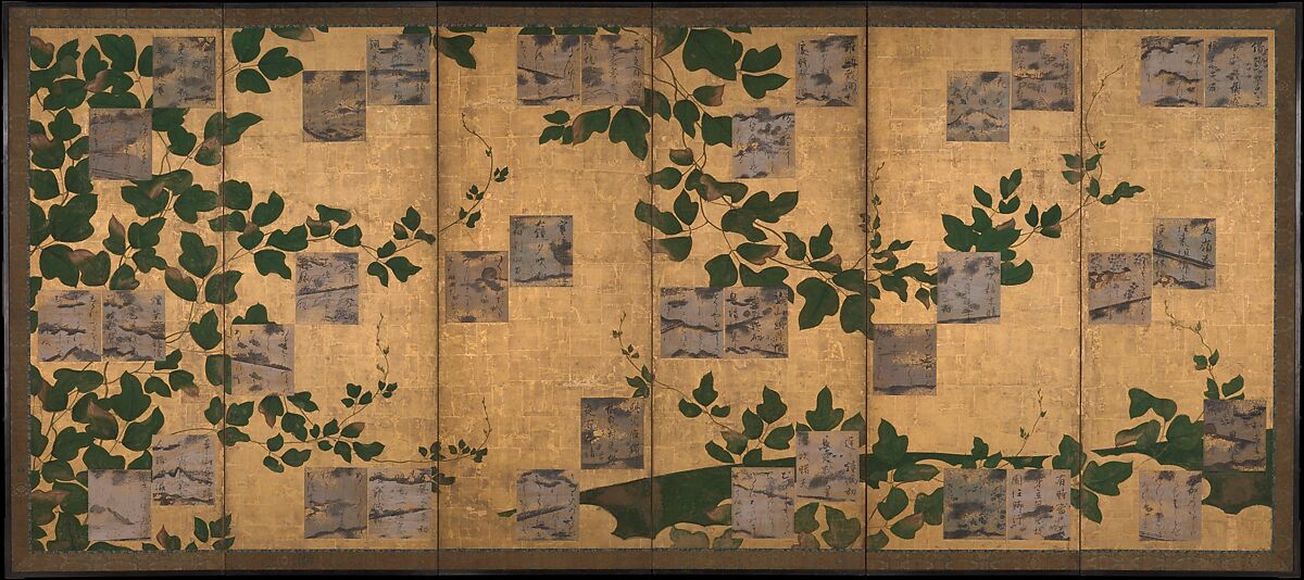 Anthology of Japanese and Chinese Poems (Wakan rōeishū) with Underpainting of Arrowroot Vines, Konoe Nobuhiro (Japanese, 1599–1649), Six-panel folding screen; ink and color on gilt paper, Japan 