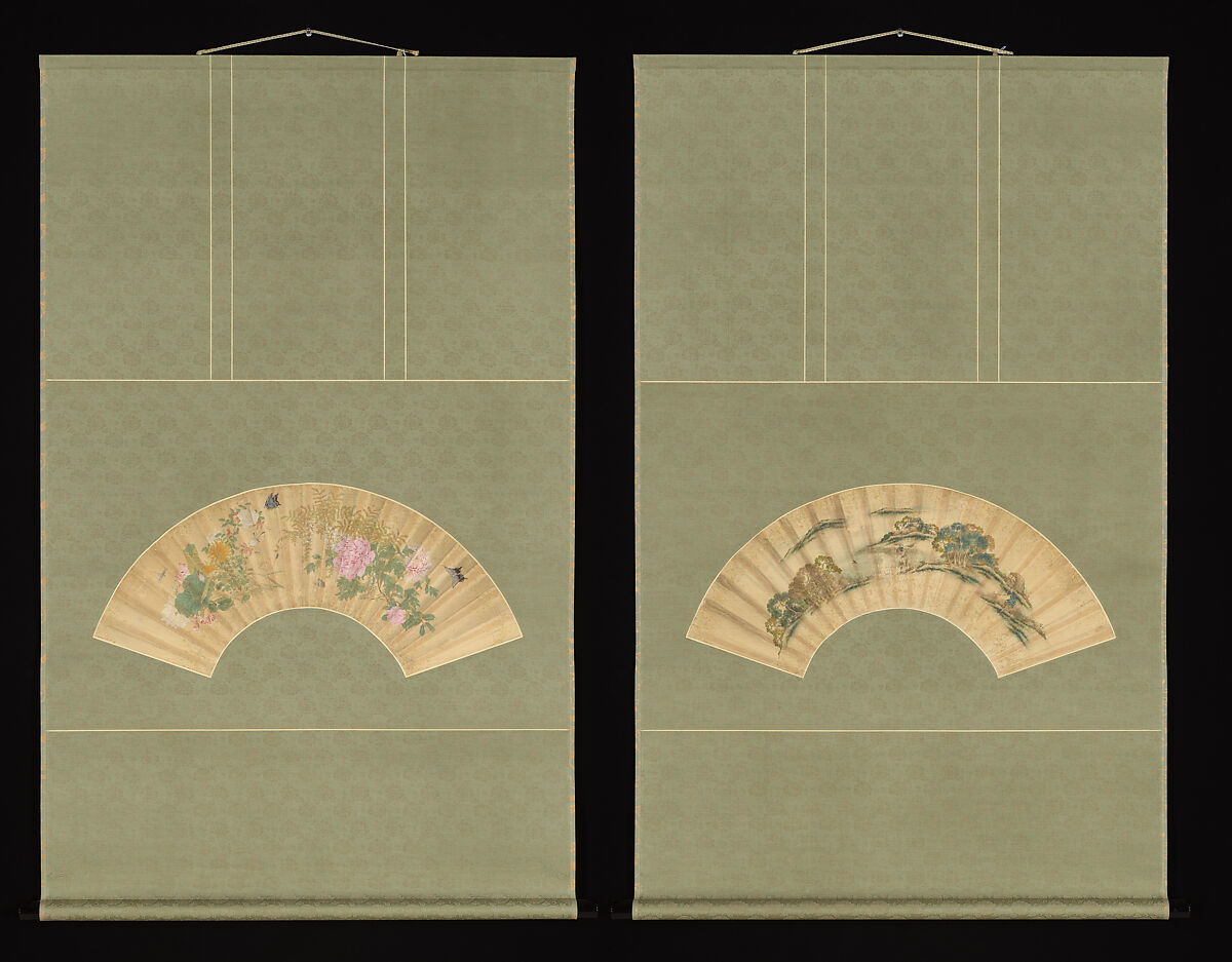 Summer Flowers, Katsushika Isai (Japanese, 1821–1880), Folding fan remounted as a hanging scroll; ink and color on silk, Japan
