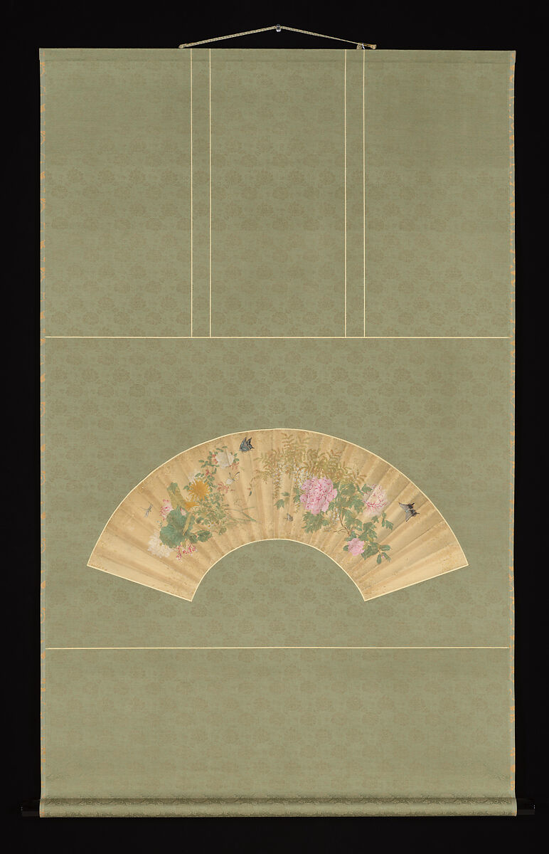 Summer Flowers, Katsushika Isai (Japanese, 1821–1880), Folding fan remounted as a hanging scroll; ink and color on silk, Japan