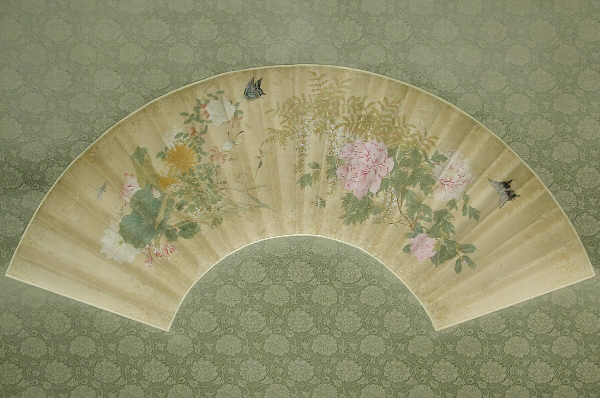 Summer Flowers, Katsushika Isai (Japanese, 1821–1880), Folding fan remounted as a hanging scroll; ink and color on silk, Japan 