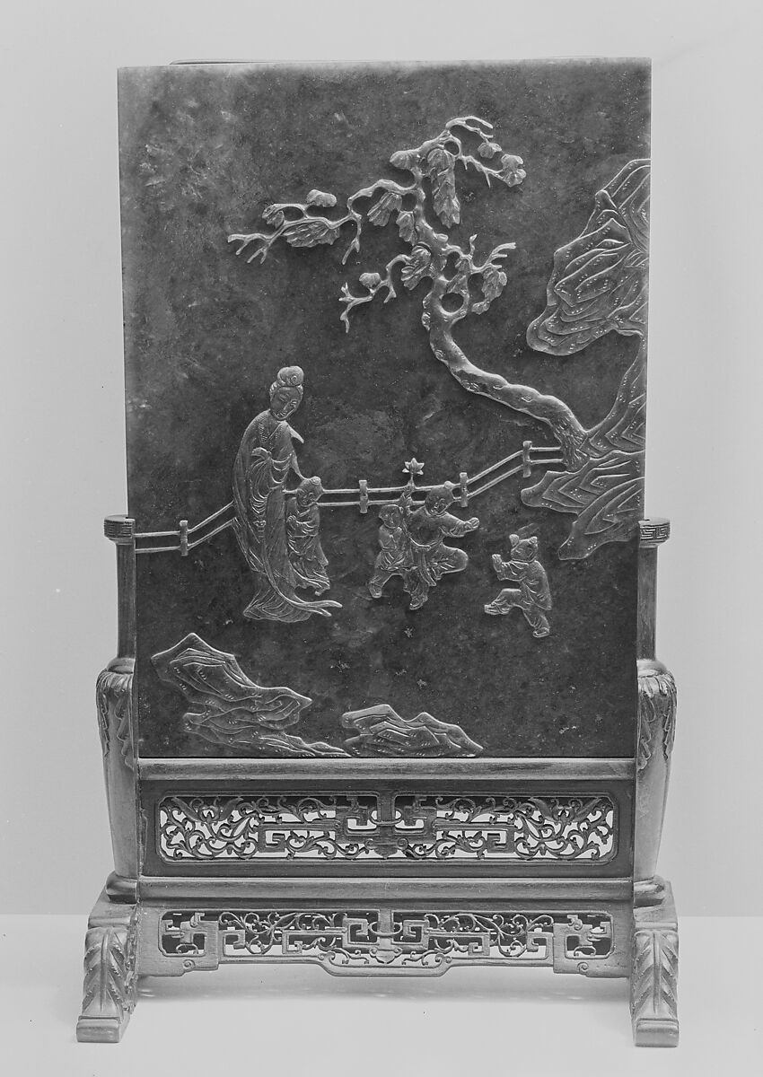 Table screen with a woman and boys, Spinach jade (nephrite), China 