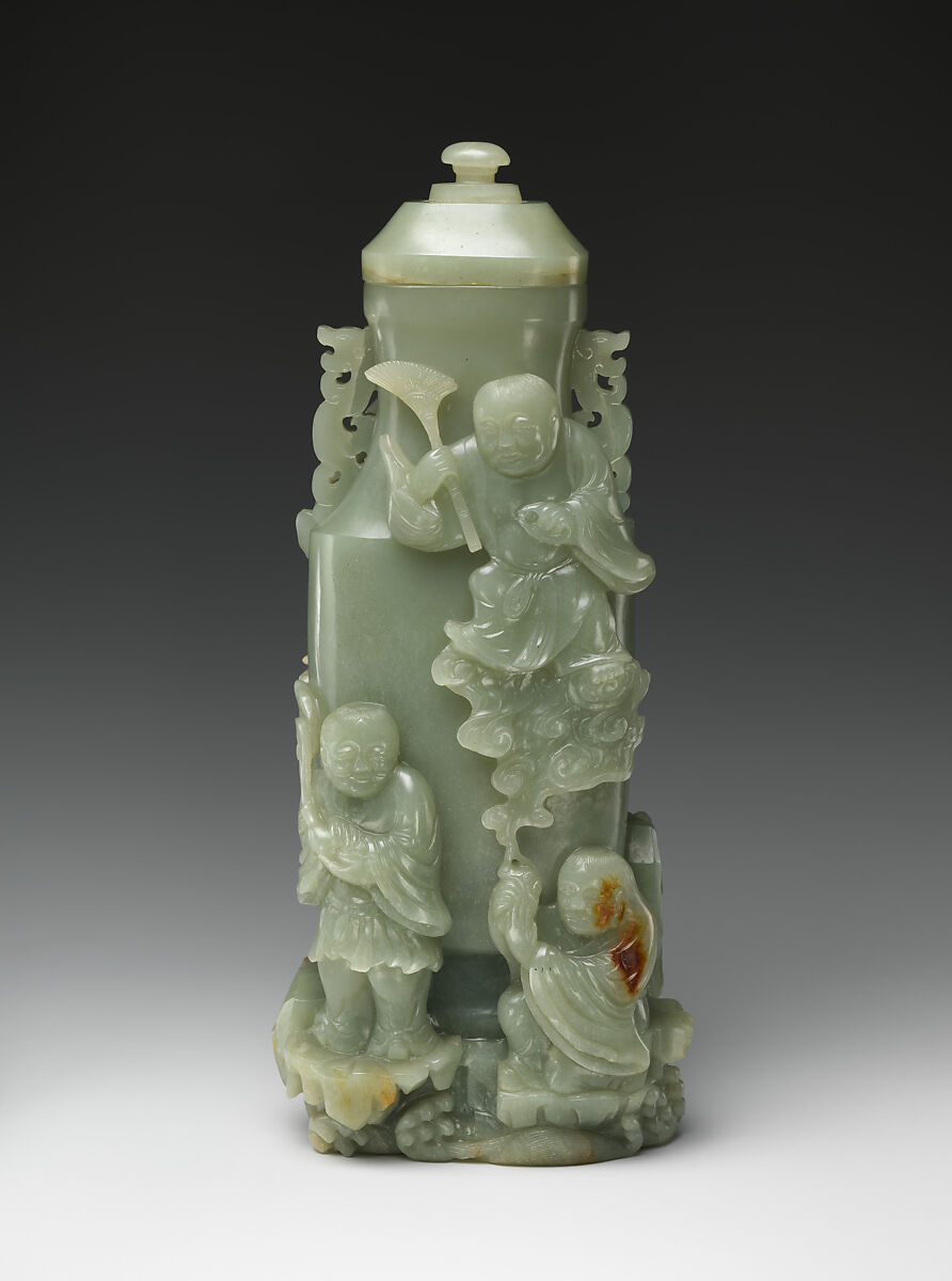 Covered vase with immortals, Jade (nephrite), China 