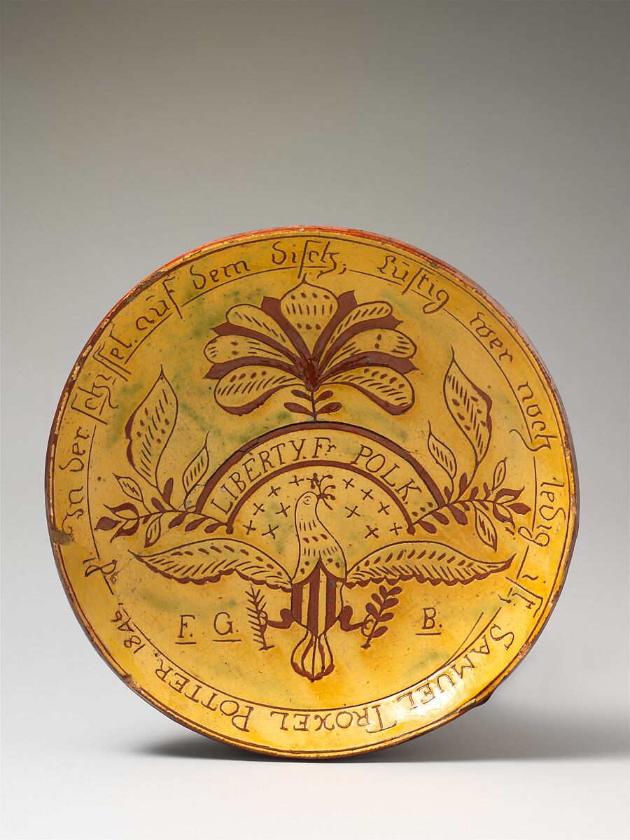 Plate, Samuel Troxel (1803–1870), Earthenware; Redware with sgrafitto decoration, American 