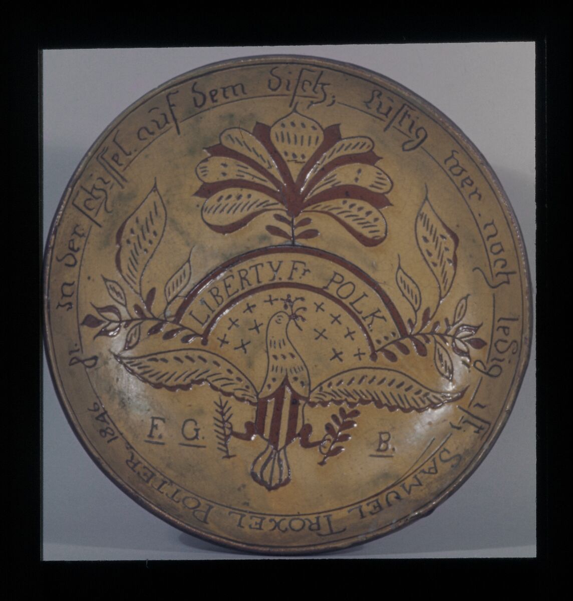 Plate, Samuel Troxel (1803–1870), Earthenware; Redware with sgrafitto decoration, American