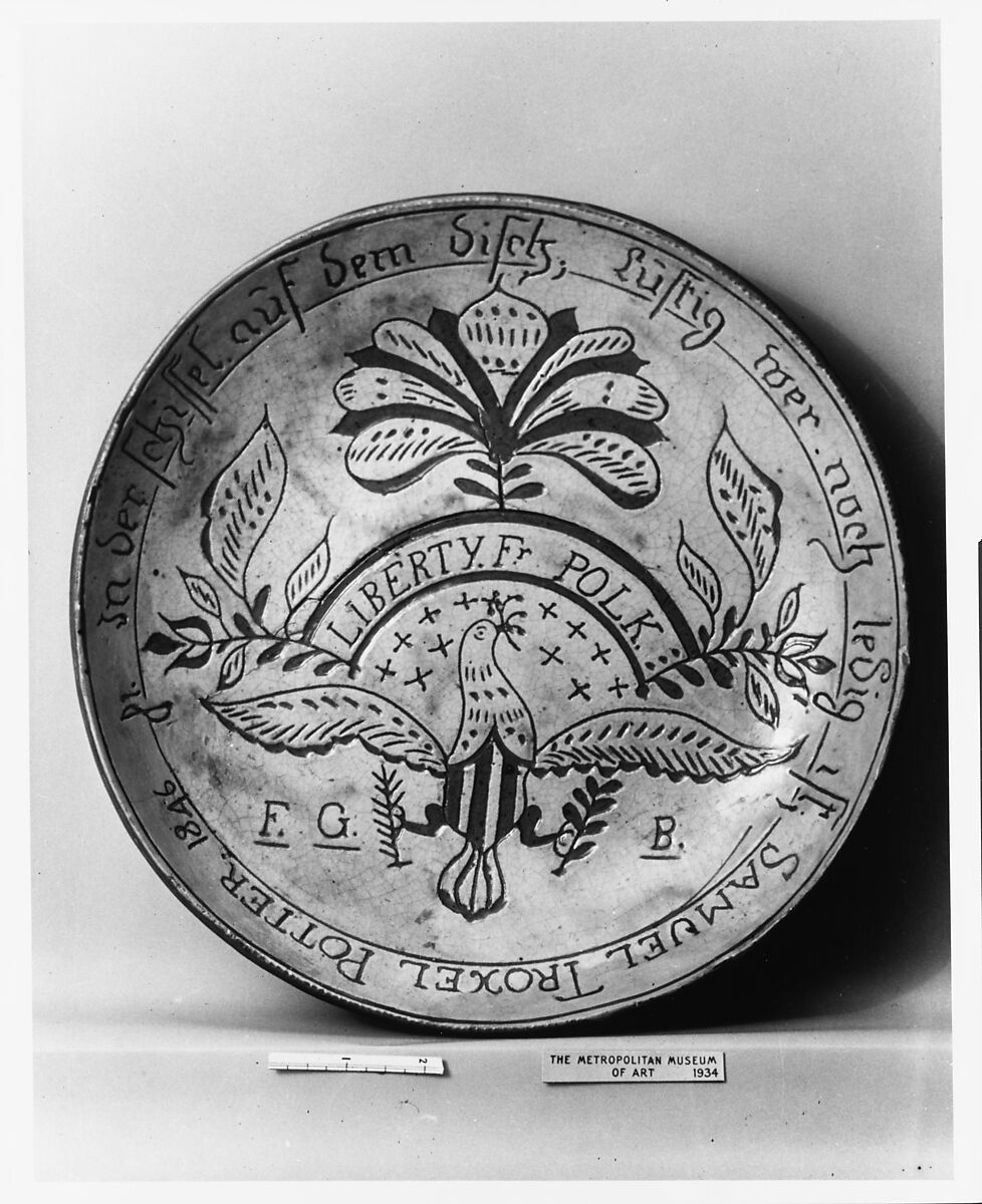 Plate, Samuel Troxel (1803–1870), Earthenware; Redware with sgrafitto decoration, American