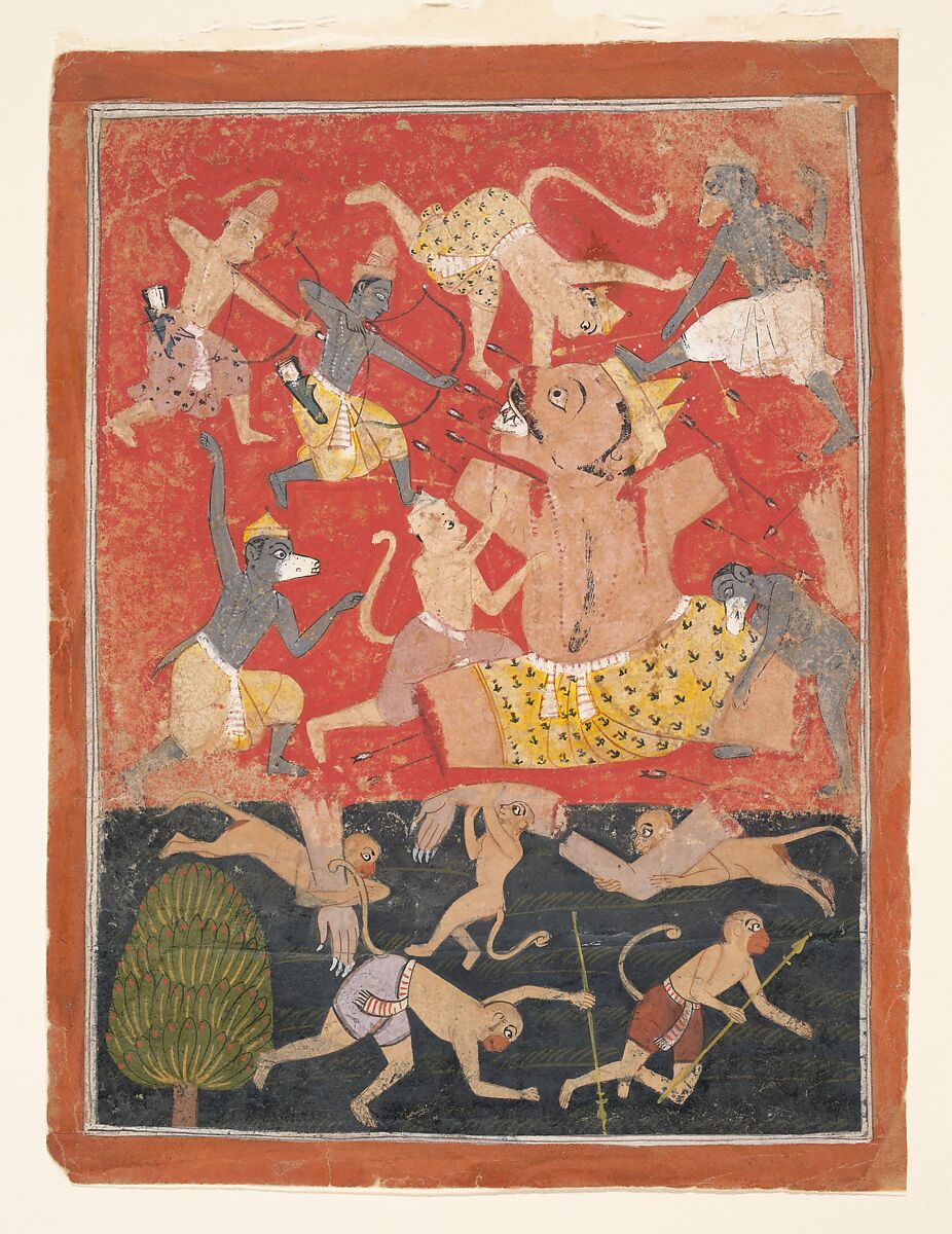 The Demon Kumbhakarna Is Defeated by Rama and Lakshmana: Folio from a Dispersed Ramayana Series, Ink and opaque watercolor on paper, India, Madhya Pradesh, Malwa 