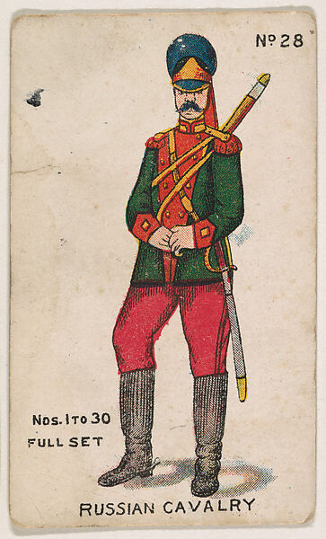 Number 28, Russian Cavalry, from the "Soldier Cards" series (E7), Keystone Confections (American), Commercial color lithograph 