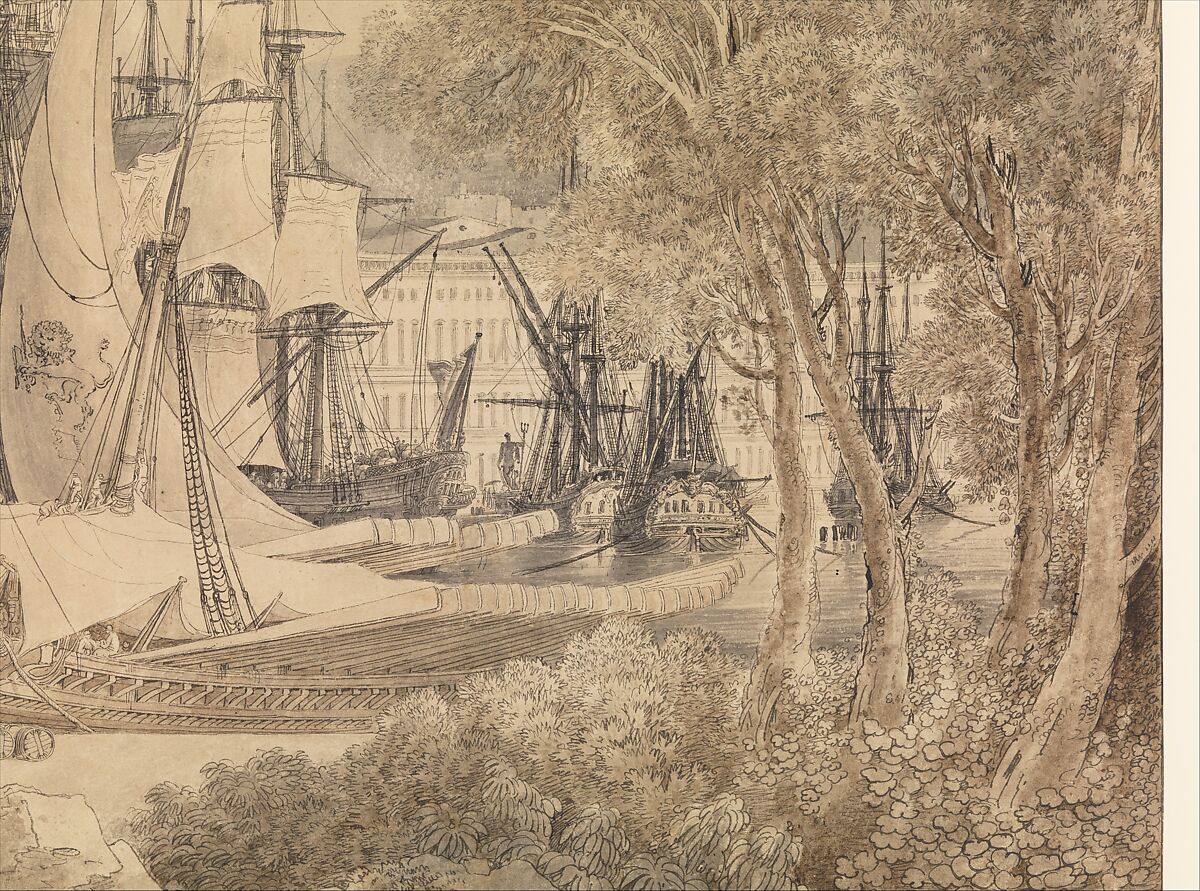 View of Messina Harbor, Louis François Cassas (French, Azay-le-Ferron 1756–1827 Versailles), Pen and black and brown ink, brush and brown and gray wash, over traces of black chalk; framing lines in pen and black ink