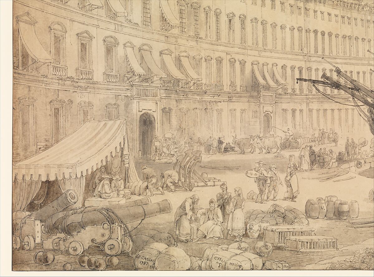 View of Messina Harbor, Louis François Cassas (French, Azay-le-Ferron 1756–1827 Versailles), Pen and black and brown ink, brush and brown and gray wash, over traces of black chalk; framing lines in pen and black ink