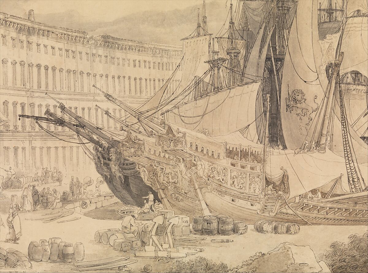 View of Messina Harbor, Louis François Cassas (French, Azay-le-Ferron 1756–1827 Versailles), Pen and black and brown ink, brush and brown and gray wash, over traces of black chalk; framing lines in pen and black ink