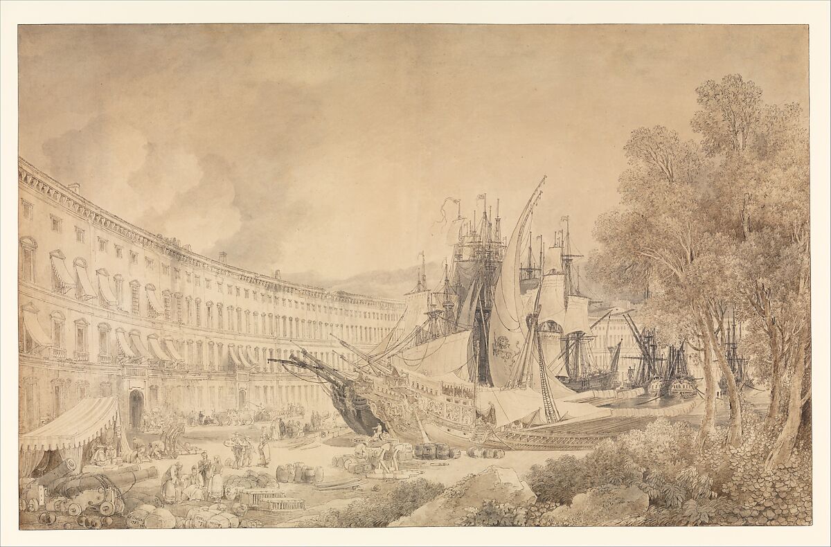 View of Messina Harbor, Louis François Cassas (French, Azay-le-Ferron 1756–1827 Versailles), Pen and black and brown ink, brush and brown and gray wash, over traces of black chalk; framing lines in pen and black ink 