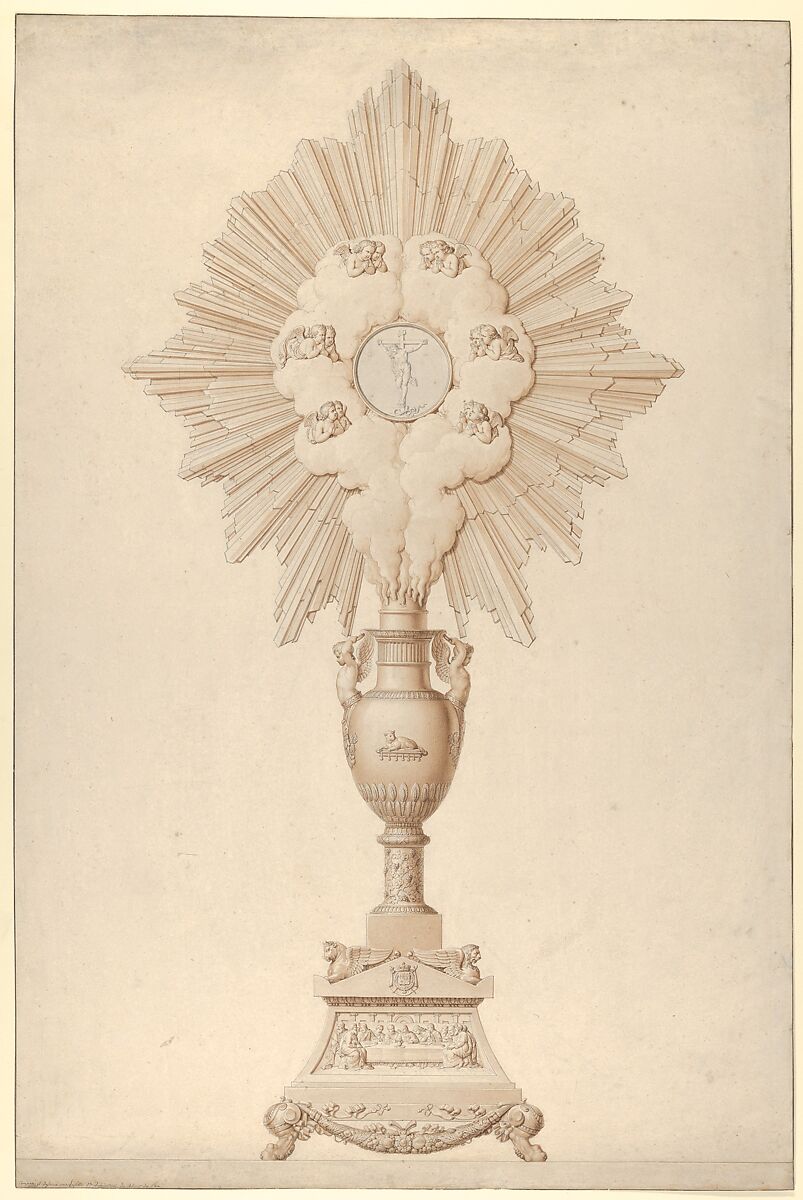 Design for a Monstrance (Presented to the City of Trieste by King Louis XVIII), Louis Lafitte (French, Paris 1770–1828 Paris), Pen and brown ink, brush and brown wash 