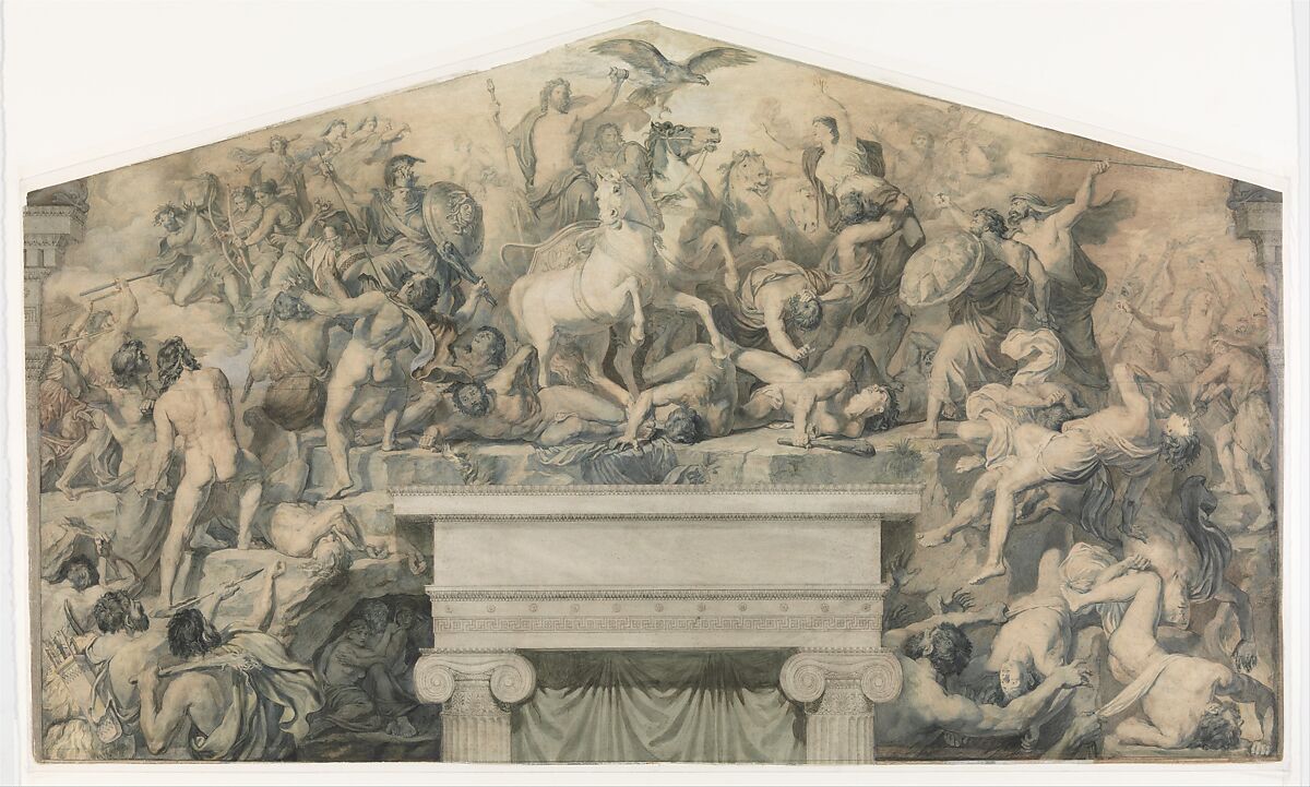 Design for a Mural with the Battle between the Gods of Olympus and the Giants, Paul Chenavard (French, Paris 1808–1895 Paris), Pen and black ink, brush and washes in green, gray and brown tones 