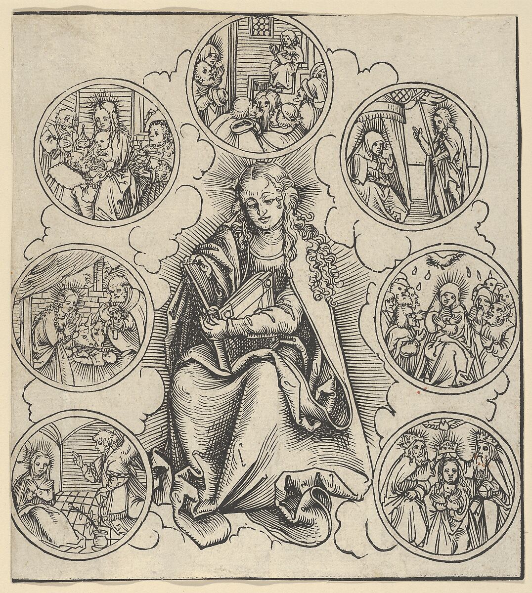 The Virgin Surrounded by Sven Medaillons Representing the Seven Joys of the Virgin, Lucas Cranach the Elder (German, Kronach 1472–1553 Weimar), Woodcut 