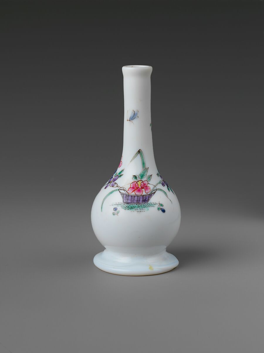 Bottle, Opaque glass with enamel decoration, British