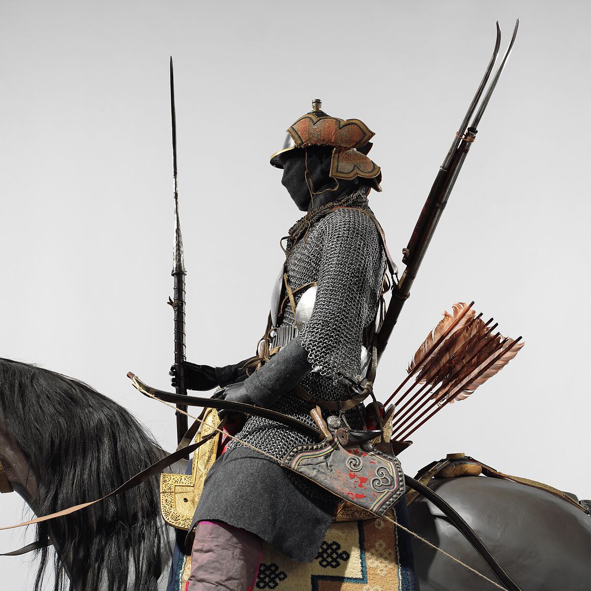 Armored Cavalryman, Steel, iron, gold, silver, copper alloy, brass, wood, leather, textile, bone, horn, silk, hair, turquoise, lead, Tibetan, and possibly Bhutanese and Nepalese 