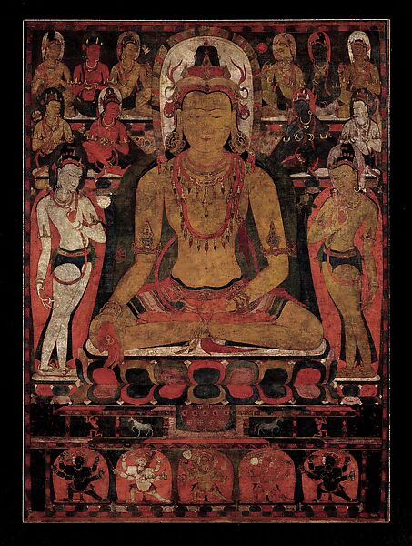 Ratnasambhava, the Buddha of the Southern Pure Land, Mineral and organic pigments on cloth, Central Tibet 