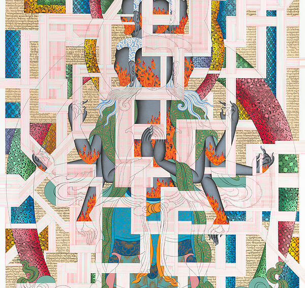 Pin drop silence: Eleven-headed Avalokiteshvara, Tenzing Rigdol (born Kathmandu 1982), Ink, pencil, acrylic, and pastel on paper, Tibet