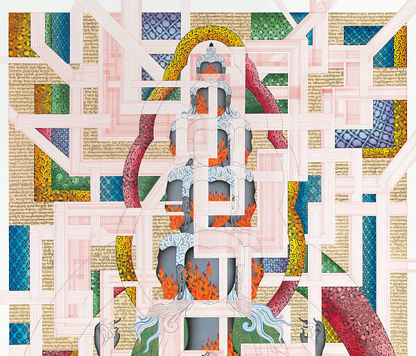 Pin drop silence: Eleven-headed Avalokiteshvara, Tenzing Rigdol (born Kathmandu 1982), Ink, pencil, acrylic, and pastel on paper, Tibet