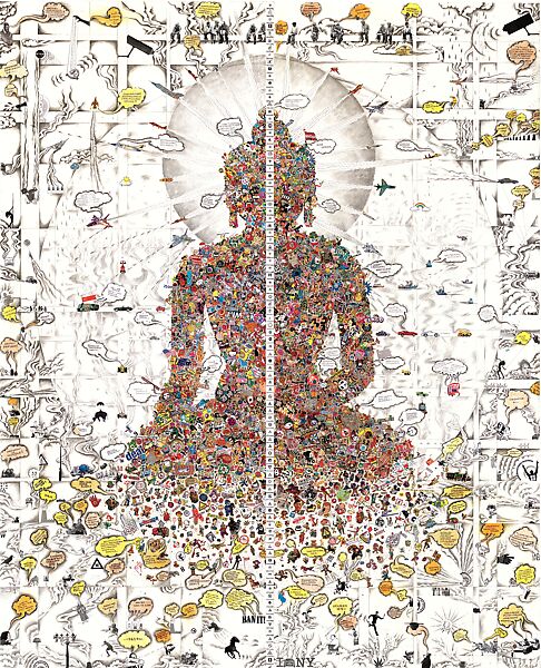 Dissected Buddha, Gonkar Gyatso (born Lhasa 1961), Collage, stickers, pencil and colored pencil and acrylic on paper, Tibet 