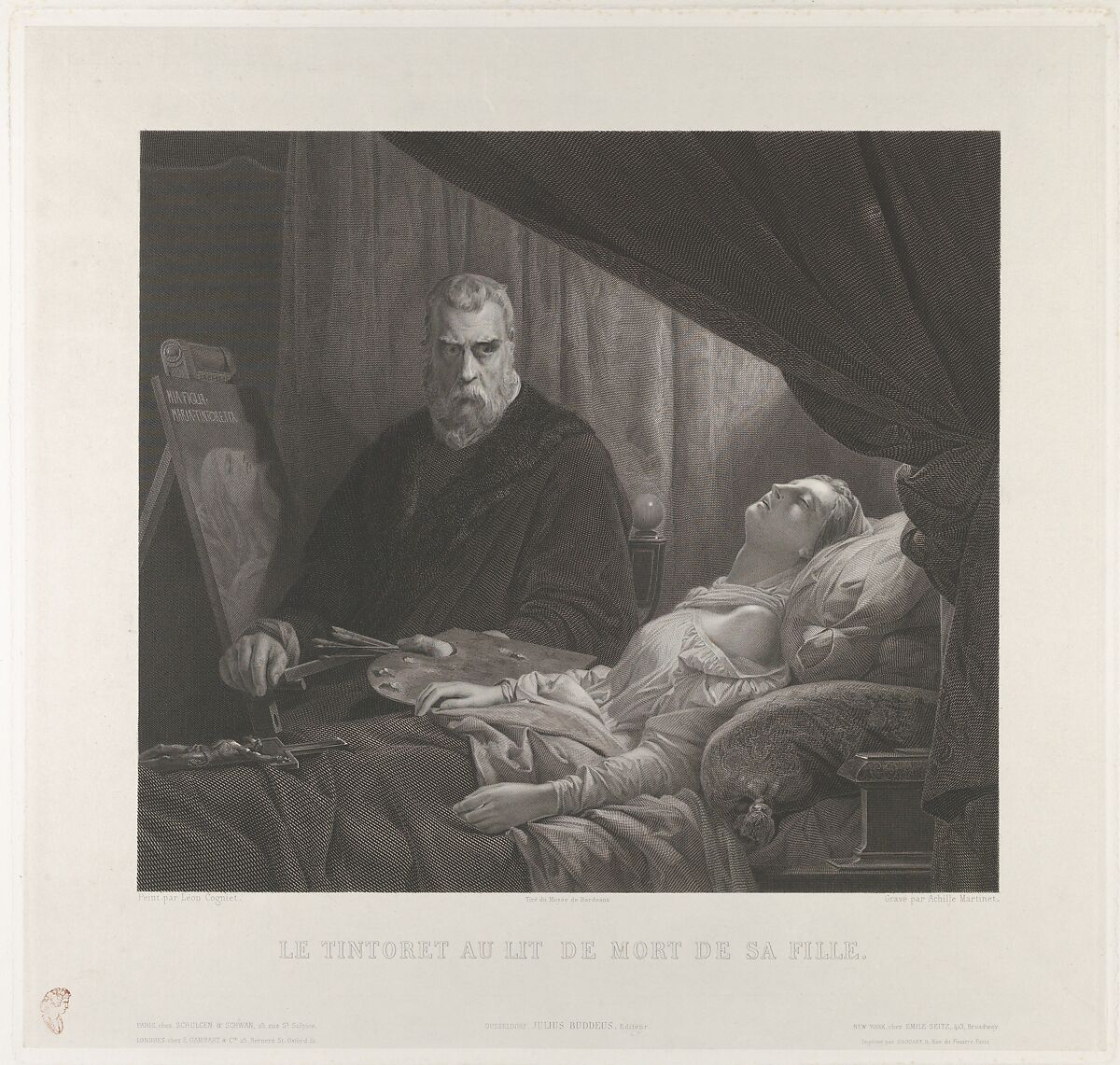 Tintoretto at His Daughter's Deathbed, Achille Martinet (French, Paris 1806–1877 Paris), Engraving on chine collé 