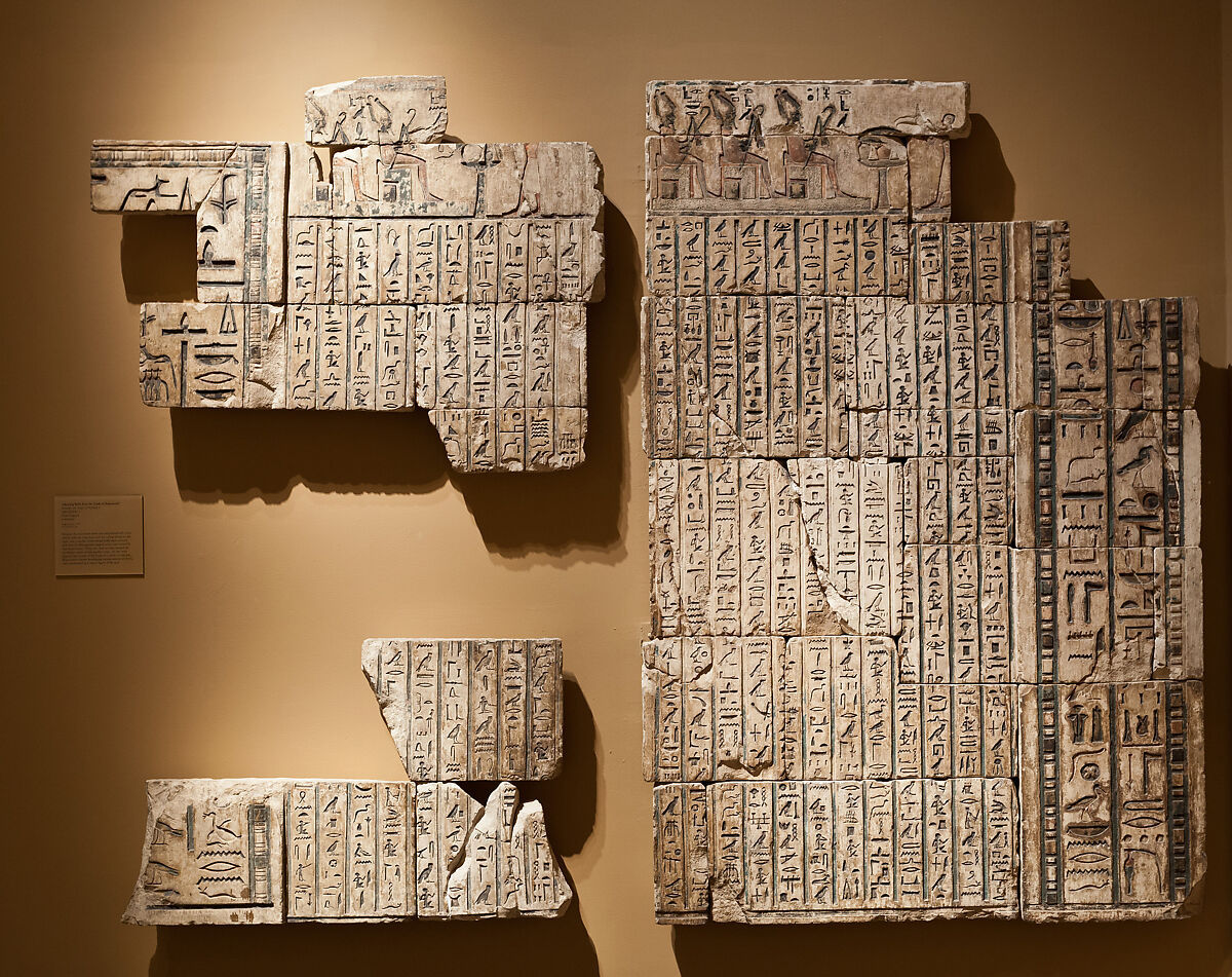 Relief from the tomb of Bakenrenef, wall from small room with texts and niches, Limestone, paint