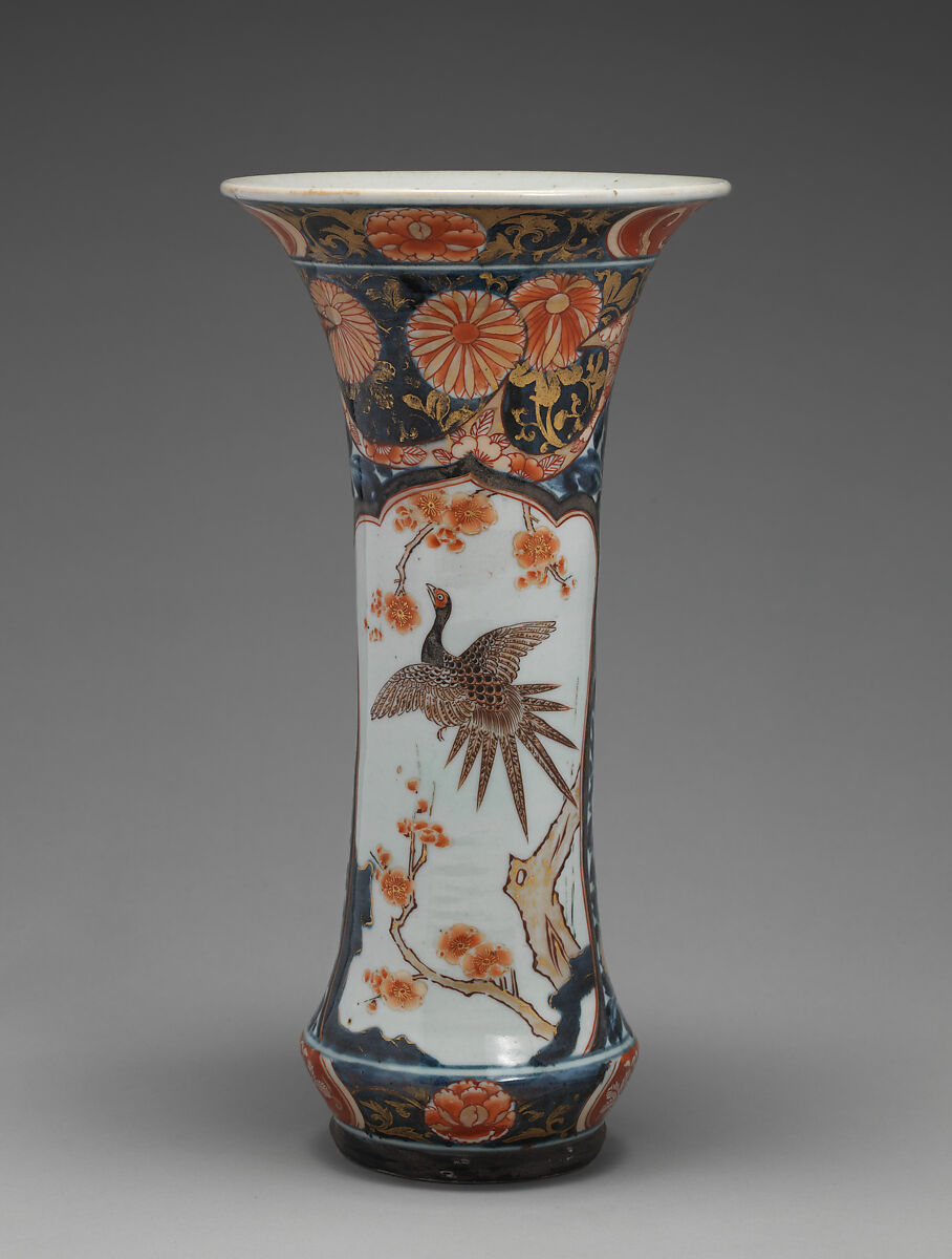 Beaker vase (part of a five-piece garniture), Hard-paste porcelain with underglaze blue and overglaze enamel and gilding, Japanese, for export market (Hizen ware, Imari type) 