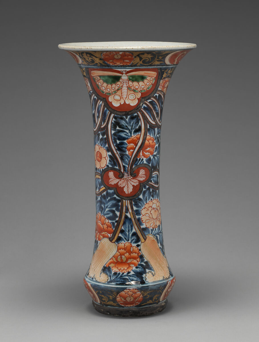 Beaker vase (part of a five-piece garniture), Hard-paste porcelain with underglaze blue and overglaze enamel and gilding, Japanese, for export market (Hizen ware, Imari type)