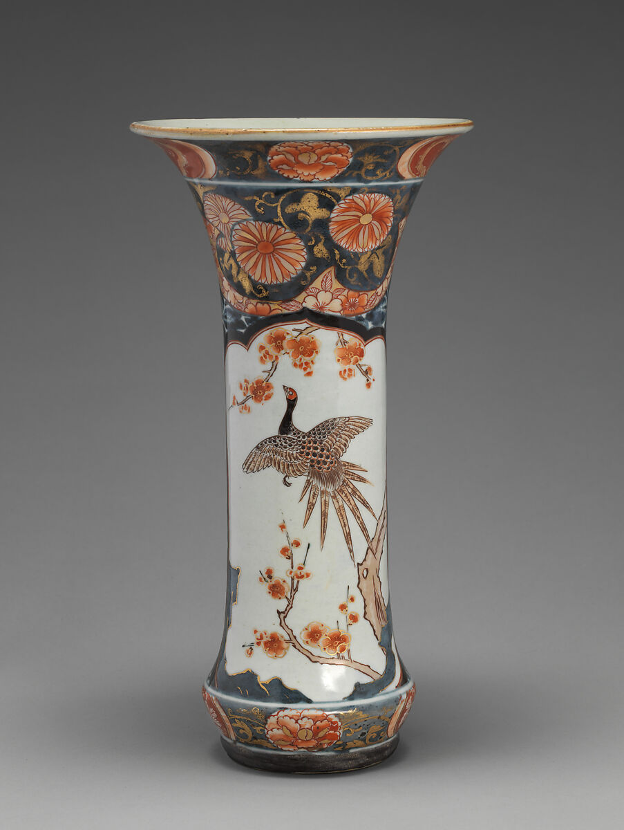 Beaker vase (part of a five-piece garniture), Hard-paste porcelain with underglaze blue and overglaze enamel and gilding, Japanese, for export market (Hizen ware, Imari type) 