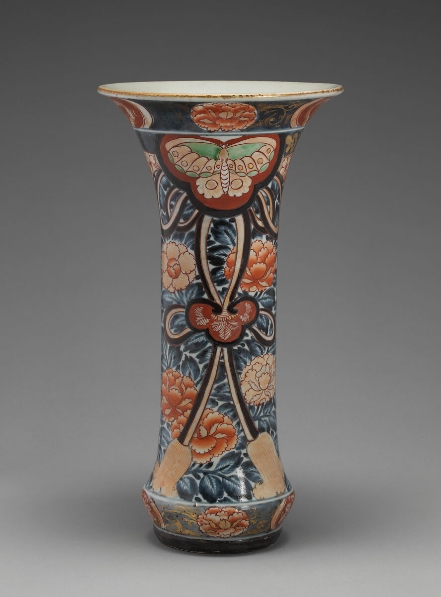 Beaker vase (part of a five-piece garniture), Hard-paste porcelain with underglaze blue and overglaze enamel and gilding, Japanese, for export market (Hizen ware, Imari type)