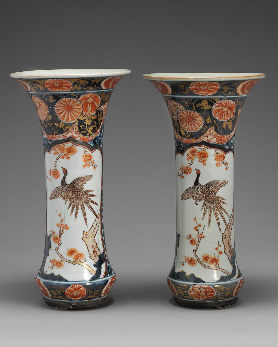 Beaker vase (part of a five-piece garniture), Hard-paste porcelain with underglaze blue and overglaze enamel and gilding, Japanese, for export market (Hizen ware, Imari type)