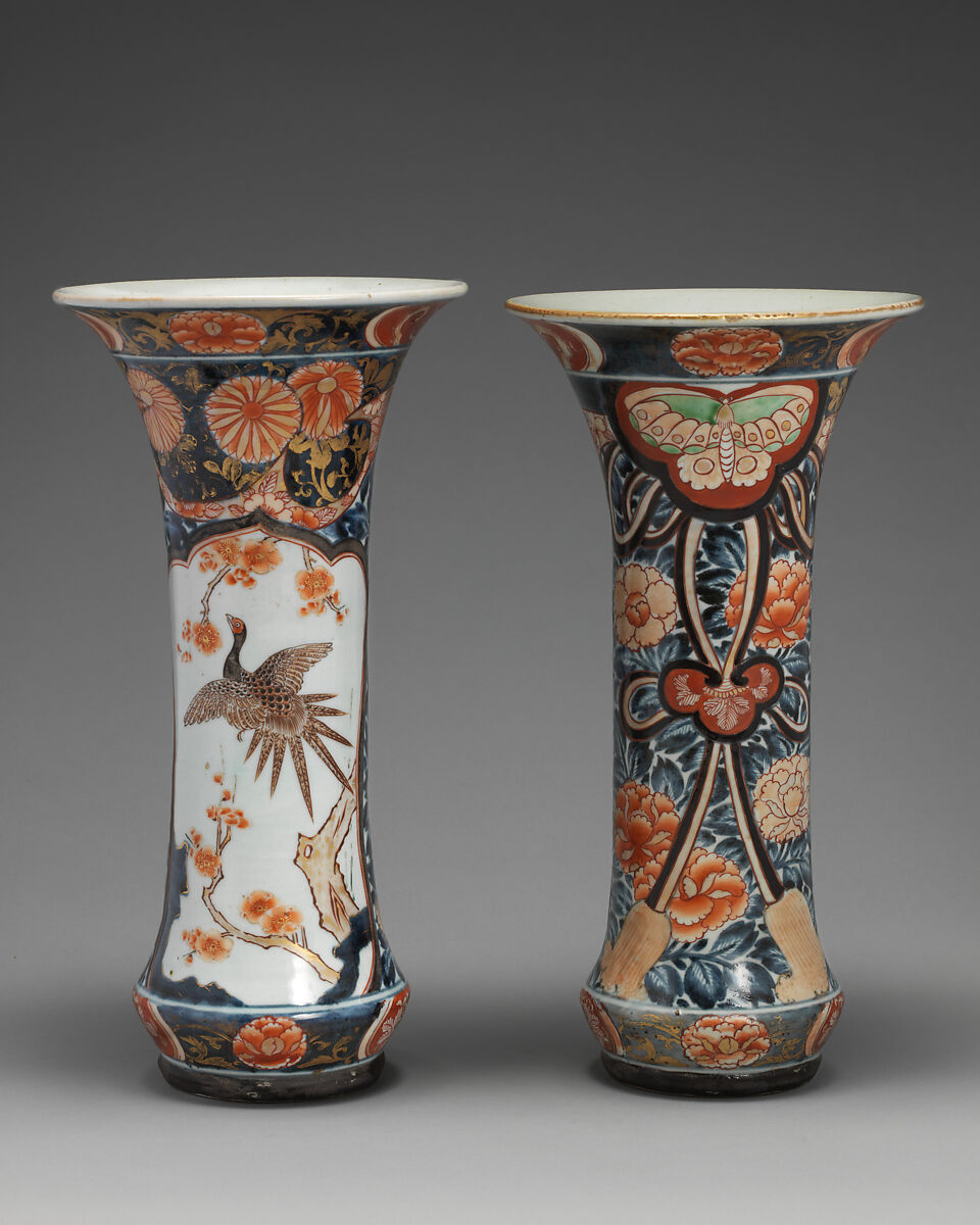 Beaker vase (part of a five-piece garniture), Hard-paste porcelain with underglaze blue and overglaze enamel and gilding, Japanese, for export market (Hizen ware, Imari type)
