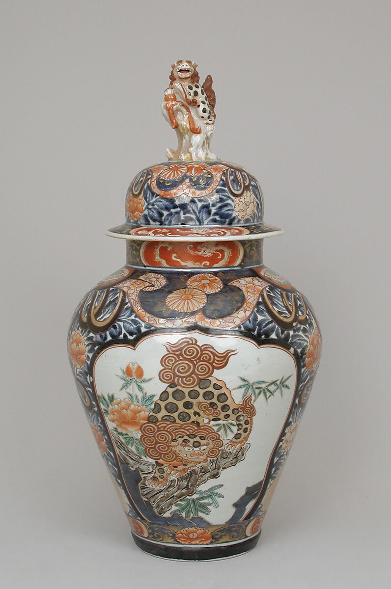 Baluster-shaped vase (part of a five-piece garniture), Hard-paste porcelain with underglaze blue and overglaze enamel and gilding, Japanese, for export market (Hizen ware, Imari type)