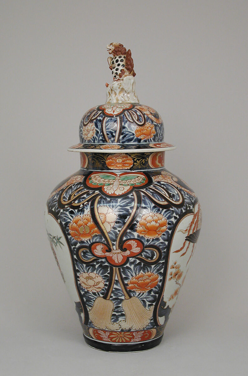 Baluster-shaped vase (part of a five-piece garniture), Hard-paste porcelain with underglaze blue and overglaze enamel and gilding, Japanese, for export market (Hizen ware, Imari type)