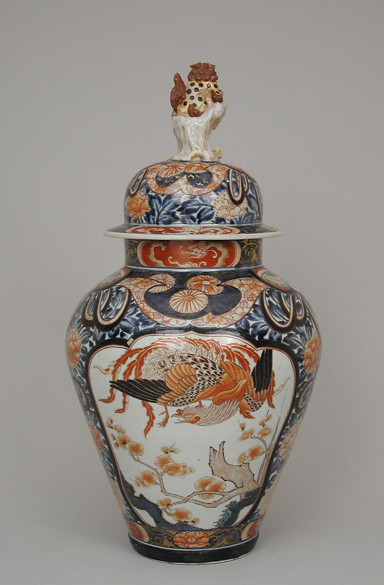 Baluster-shaped vase (part of a five-piece garniture), Hard-paste porcelain with underglaze blue and overglaze enamel and gilding, Japanese, for export market (Hizen ware, Imari type)