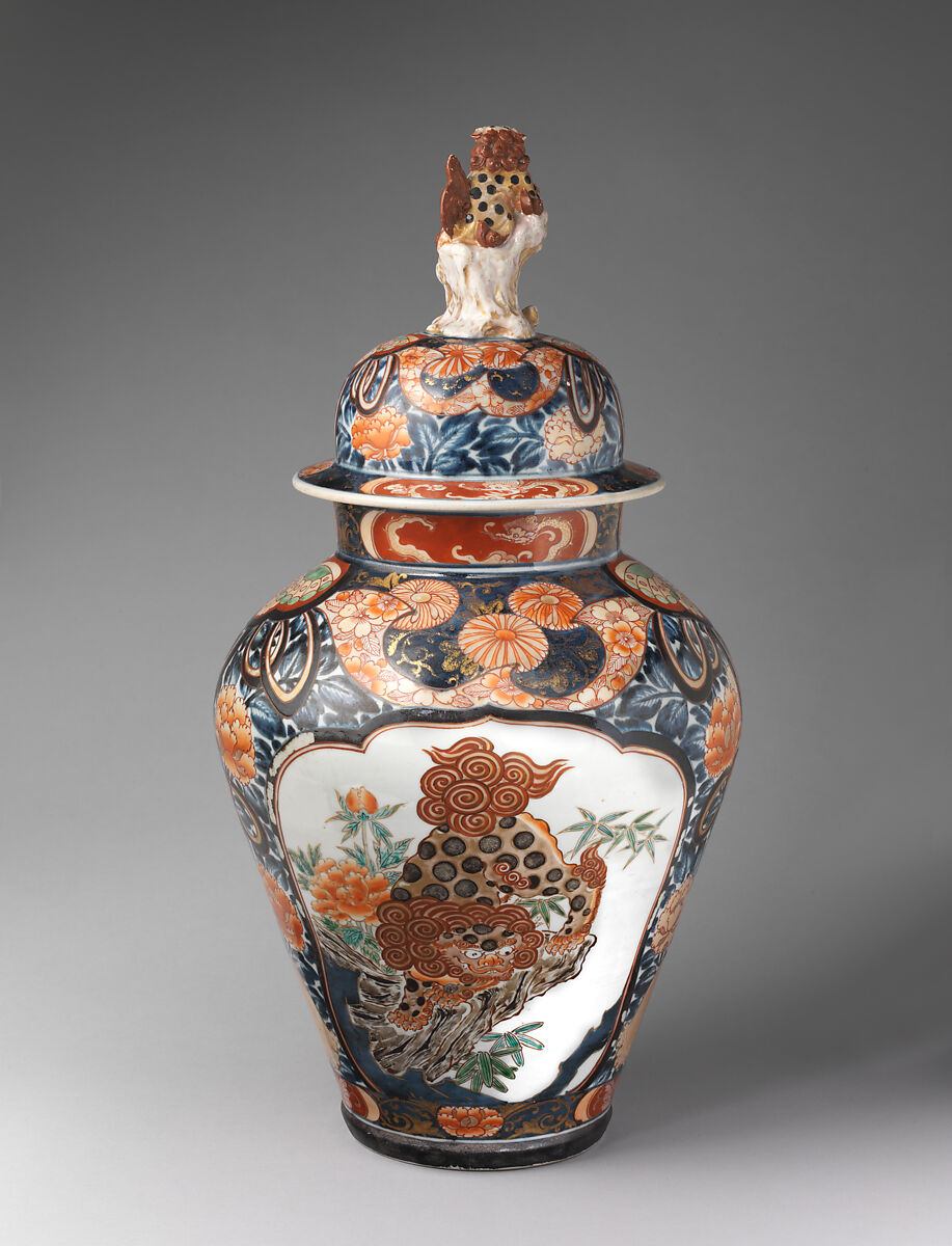 Baluster-shaped vase (part of a five-piece garniture), Hard-paste porcelain with underglaze blue and overglaze enamel and gilding, Japanese, for export market (Hizen ware, Imari type)