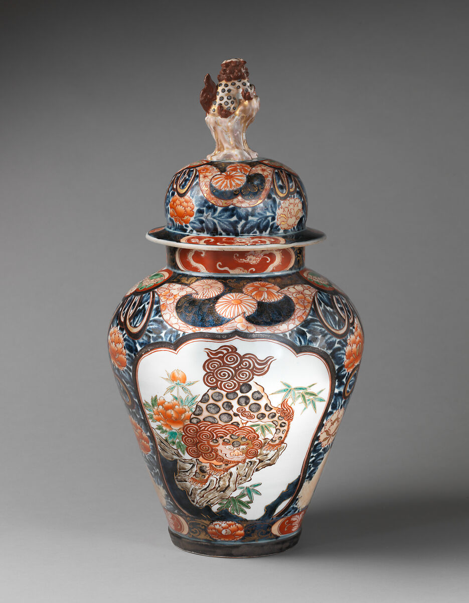 Baluster-shaped vase (part of a five-piece garniture), Hard-paste porcelain with underglaze blue and overglaze enamel and gilding, Japanese, for export market (Hizen ware, Imari type)