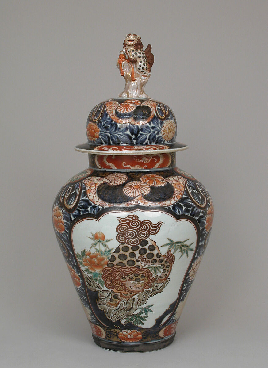 Baluster-shaped vase (part of a five-piece garniture), Hard-paste porcelain with underglaze blue and overglaze enamel and gilding, Japanese, for export market (Hizen ware, Imari type)