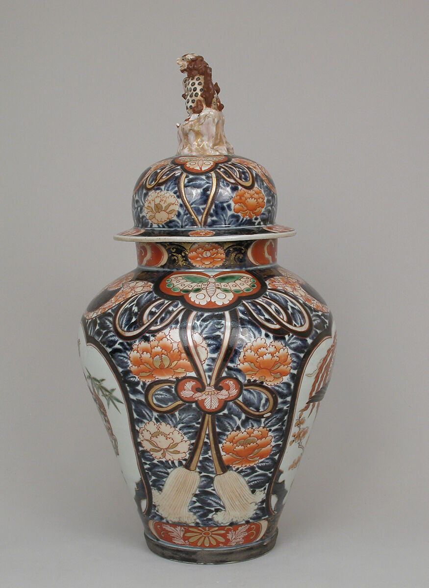 Baluster-shaped vase (part of a five-piece garniture), Hard-paste porcelain with underglaze blue and overglaze enamel and gilding, Japanese, for export market (Hizen ware, Imari type)
