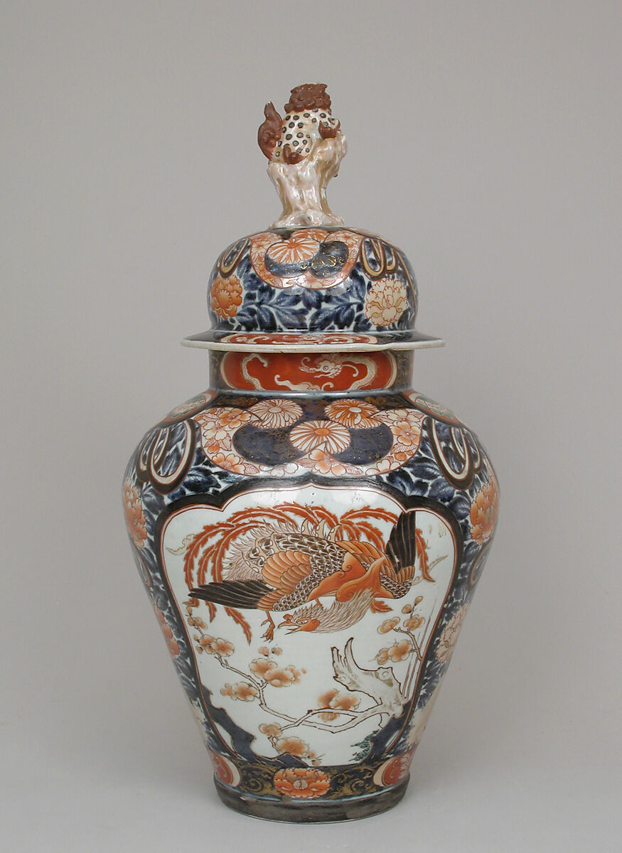 Baluster-shaped vase (part of a five-piece garniture), Hard-paste porcelain with underglaze blue and overglaze enamel and gilding, Japanese, for export market (Hizen ware, Imari type)