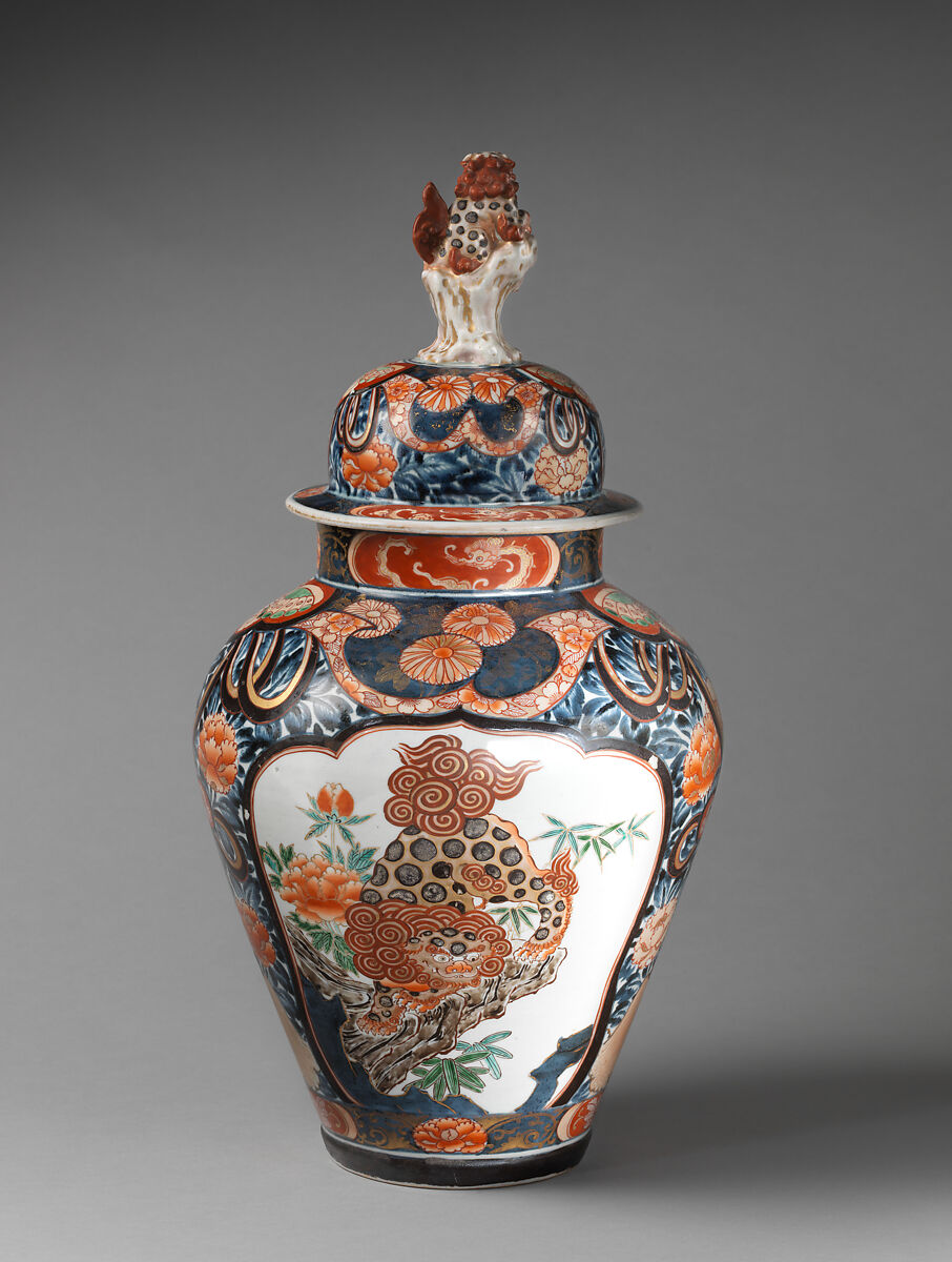 Baluster-shaped vase (part of a five-piece garniture), Hard-paste porcelain with underglaze blue and overglaze enamel and gilding, Japanese, for export market (Hizen ware, Imari type)