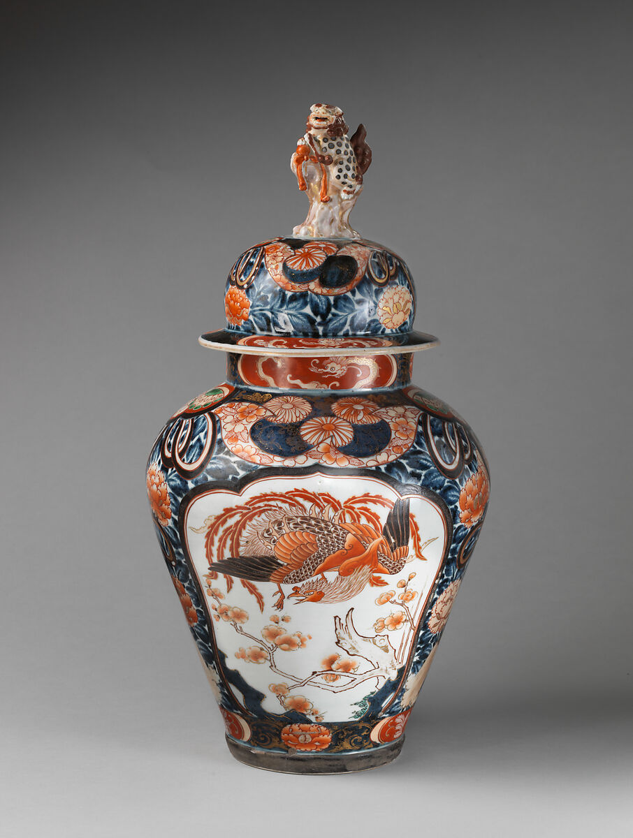 Baluster-shaped vase (part of a five-piece garniture), Hard-paste porcelain with underglaze blue and overglaze enamel and gilding, Japanese, for export market (Hizen ware, Imari type) 