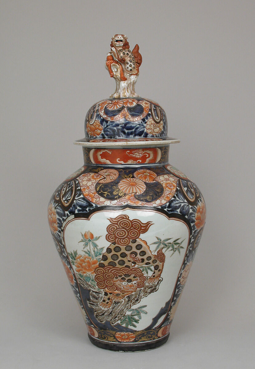 Baluster-shaped vase (part of a five-piece garniture), Hard-paste porcelain with underglaze blue and overglaze enamel and gilding, Japanese, for export market (Hizen ware, Imari type)
