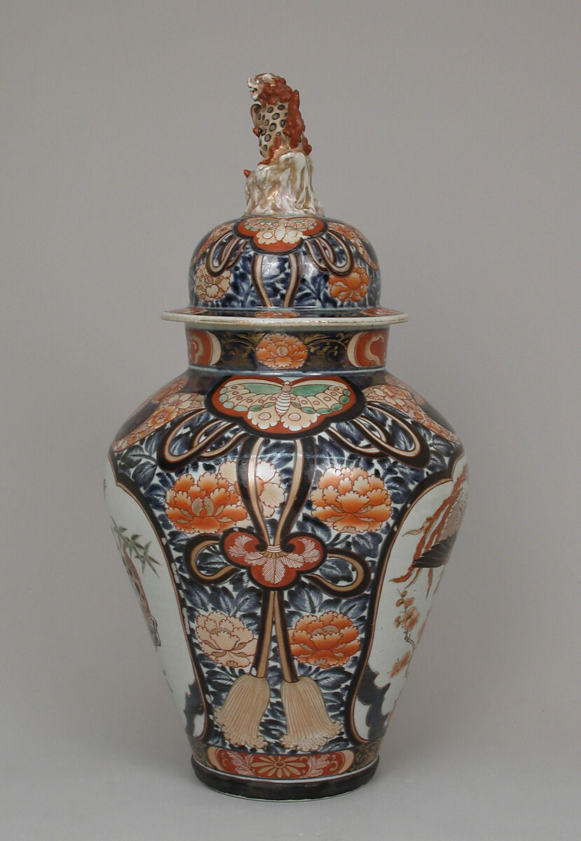 Baluster-shaped vase (part of a five-piece garniture), Hard-paste porcelain with underglaze blue and overglaze enamel and gilding, Japanese, for export market (Hizen ware, Imari type)
