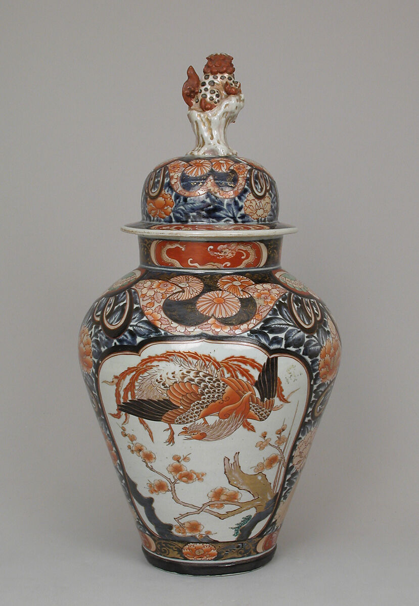 Baluster-shaped vase (part of a five-piece garniture), Hard-paste porcelain with underglaze blue and overglaze enamel and gilding, Japanese, for export market (Hizen ware, Imari type)