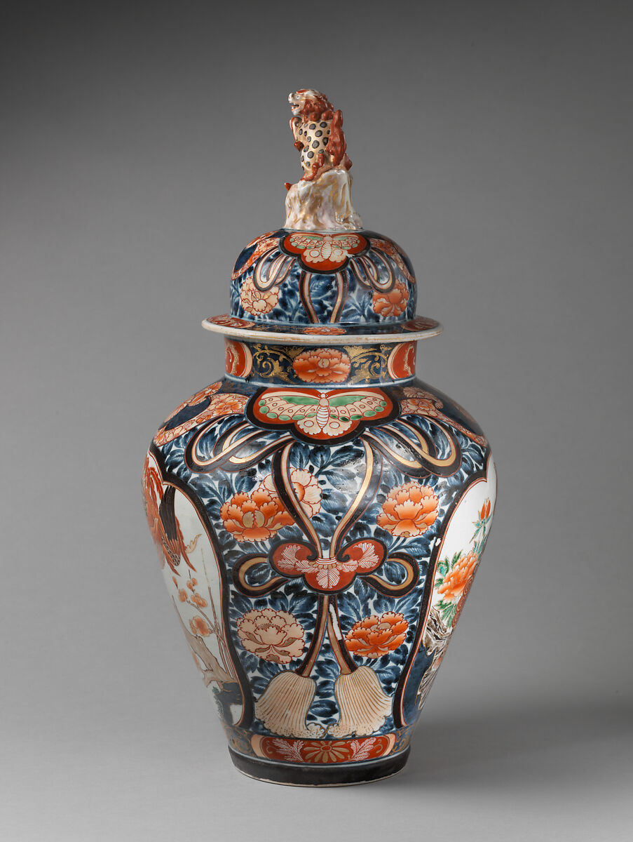 Baluster-shaped vase (part of a five-piece garniture), Hard-paste porcelain with underglaze blue and overglaze enamel and gilding, Japanese, for export market (Hizen ware, Imari type)