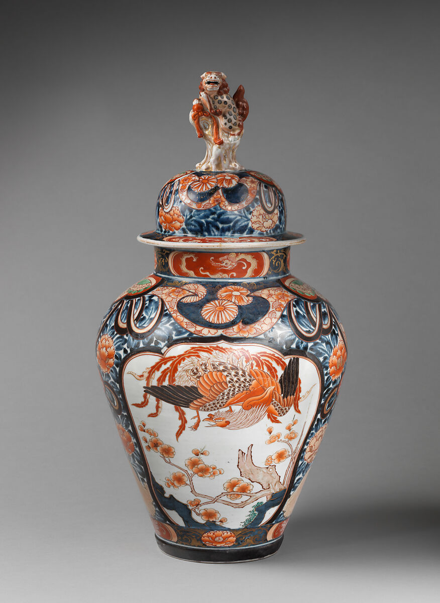 Baluster-shaped vase (part of a five-piece garniture), Hard-paste porcelain with underglaze blue and overglaze enamel and gilding, Japanese, for export market (Hizen ware, Imari type)