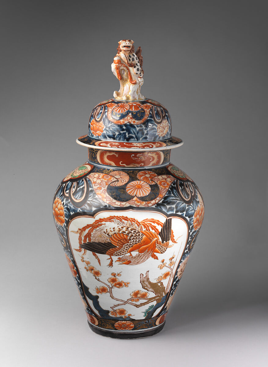 Baluster-shaped vase (part of a five-piece garniture), Hard-paste porcelain with underglaze blue and overglaze enamel and gilding, Japanese, for export market (Hizen ware, Imari type) 