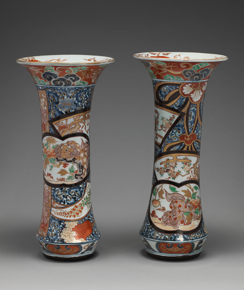 Beaker vase (part of an assembled garniture), Hard-paste porcelain with underglaze blue and overglaze enamel and gilding, Japanese, for export market (Hizen ware, Imari type)